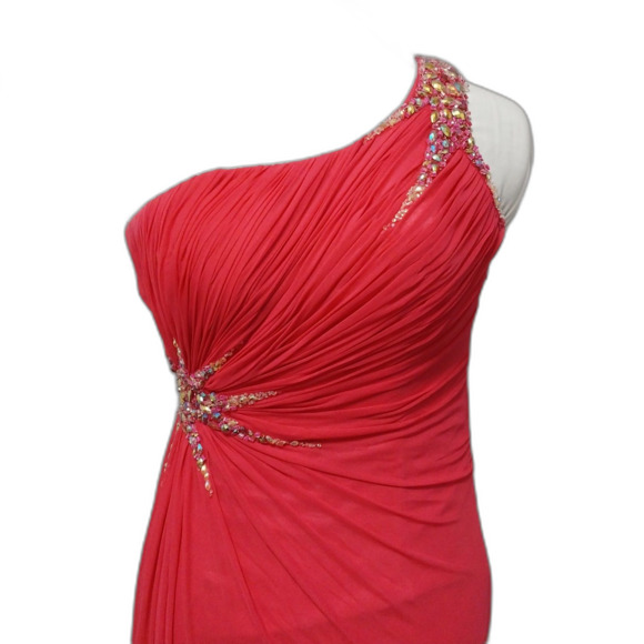 La Femme Dresses & Skirts - La Femme dress Small hot pink ruched gown rhinestones side slit one shoulder